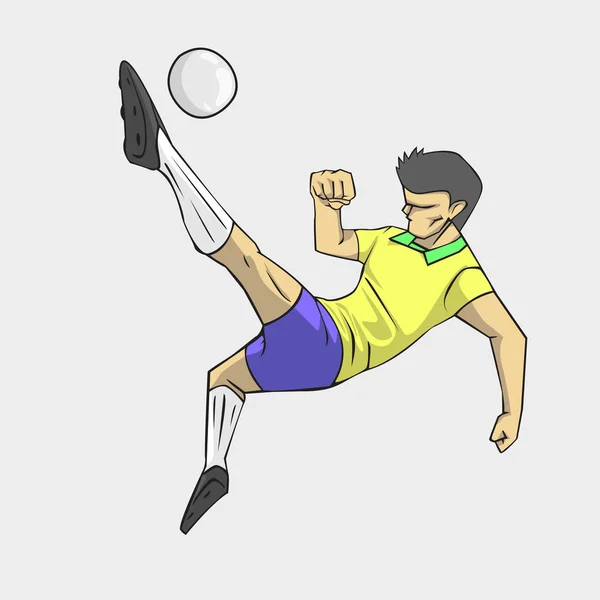 Piłka nożna gracz działania kopać piłkę. Cartoon grafiki wektorowe i ilustracje — Wektor stockowy