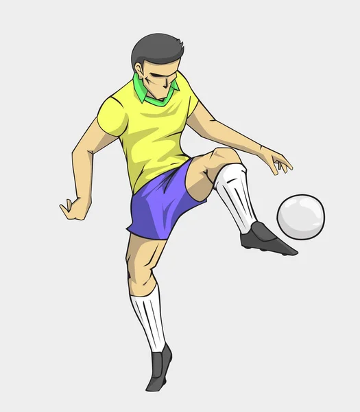 Ação do jogador de futebol chutar a bola. desenho animado vetor e ilustração — Vetor de Stock