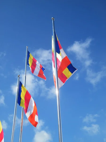 Boeddhistische Vlaggen Tegen Blauwe Hemel Boeddhistische Vlaggen Rond Bodhiboom — Stockfoto