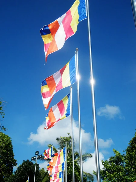 Bendera Budha Melawan Langit Biru Bendera Buddha Sekitar Pohon Bodhi — Stok Foto