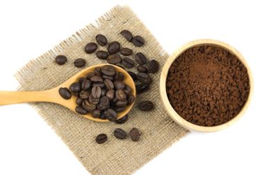 taze kızarmış kahve bean fasulye powder.flat lay ile 