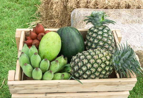 Ananas. Banaani. Vesimeloni. Käärme hedelmät puulaatikossa — kuvapankkivalokuva