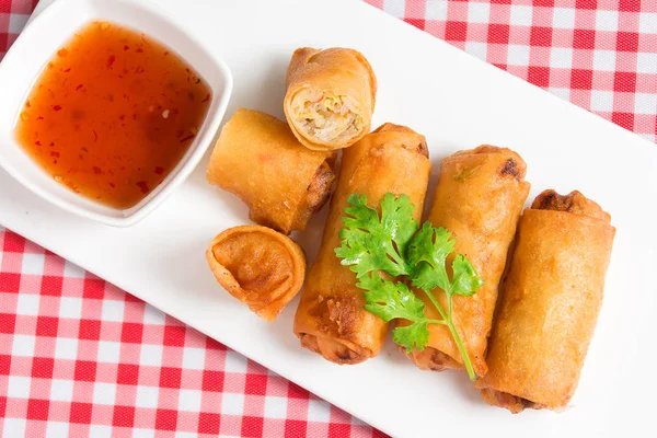 Fried Spring Rolls Stacked on white plate .top view — Stock Photo, Image