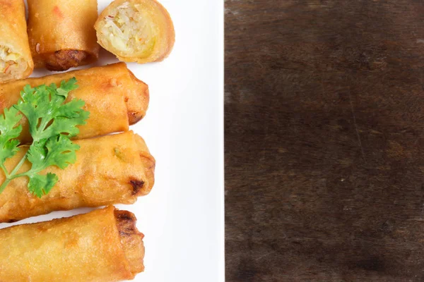 Fried Spring Rolls Stacked on white plate .top view — Stock Photo, Image