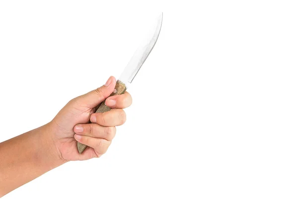 Hand hält Messer auf weißem Hintergrund. Mordkonzept — Stockfoto