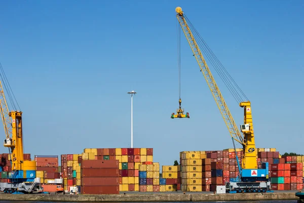 Grúas pórtico del puerto y contenedores marítimos — Foto de Stock