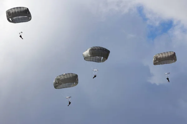 Quatro Pára Quedistas Militares Céu — Fotografia de Stock