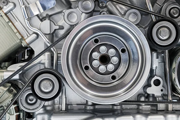 View on pulley and belts on a car engine — Stock Photo, Image