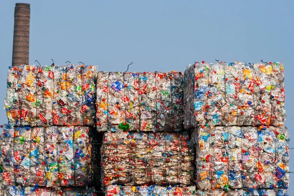 Recycled plastic bottles in bales — Stok fotoğraf