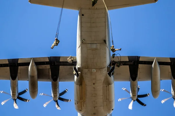 Military parachutist paratroopers jumping out of an American tra — 스톡 사진