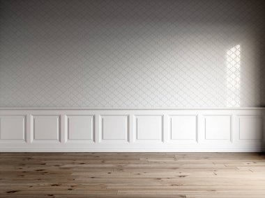Klasik panelli, fayans duvar ve doğal zemin üzerinde beyaz iç 3D render