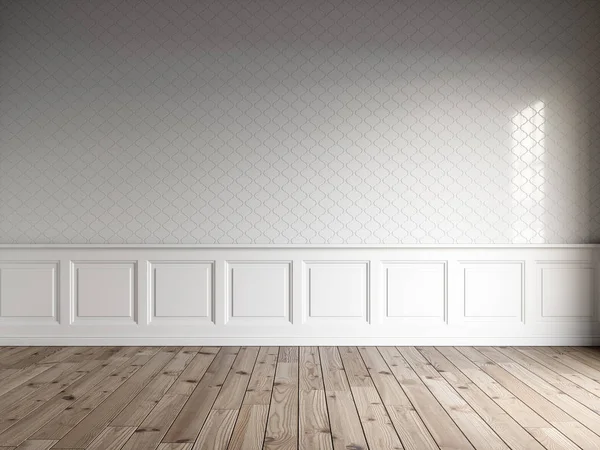 Klasik panelli, fayans duvar ve doğal zemin üzerinde beyaz iç 3D render
