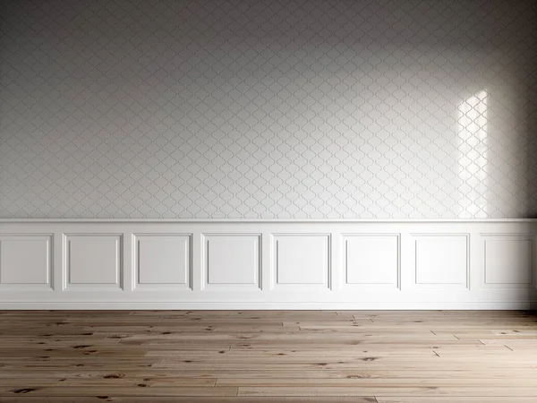 Klasik panelli, fayans duvar ve doğal zemin üzerinde beyaz iç 3D render
