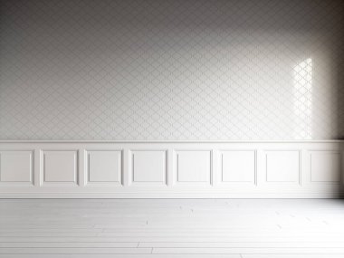 Klasik panelli, fayans duvar ve doğal beyaz zemin üzerinde beyaz iç 3D render