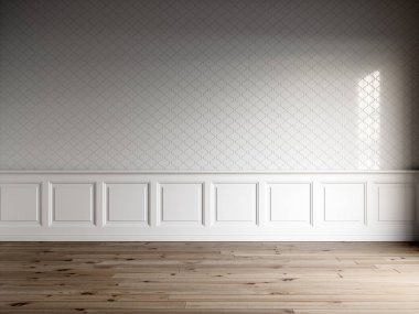 Klasik panelli, fayans duvar ve doğal zemin üzerinde beyaz iç 3D render