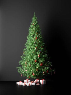 karanlık bir arka plan üzerinde 3D render Noel ağacı