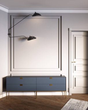 3D render klasik iç pervaz, kapı, lamba, Çekmeceli