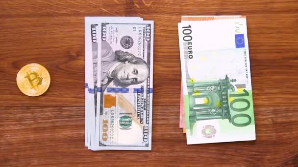 Биткойн Доллары Евро Селективный Фокус — стоковое видео