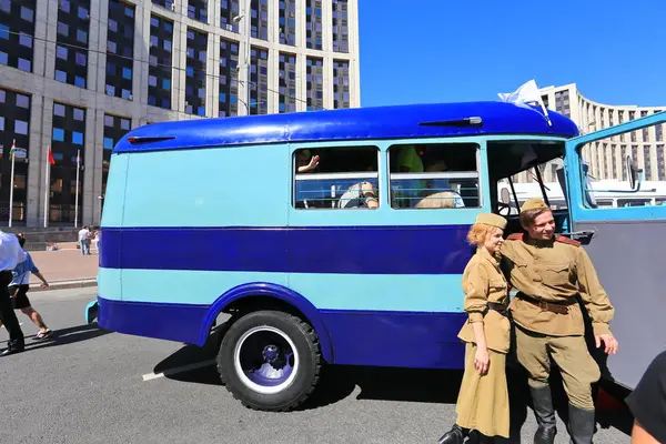 Moscú Avenida Sajarov Agosto 2015 Exposición Anual Autobuses Urbanos Antiguos — Foto de Stock