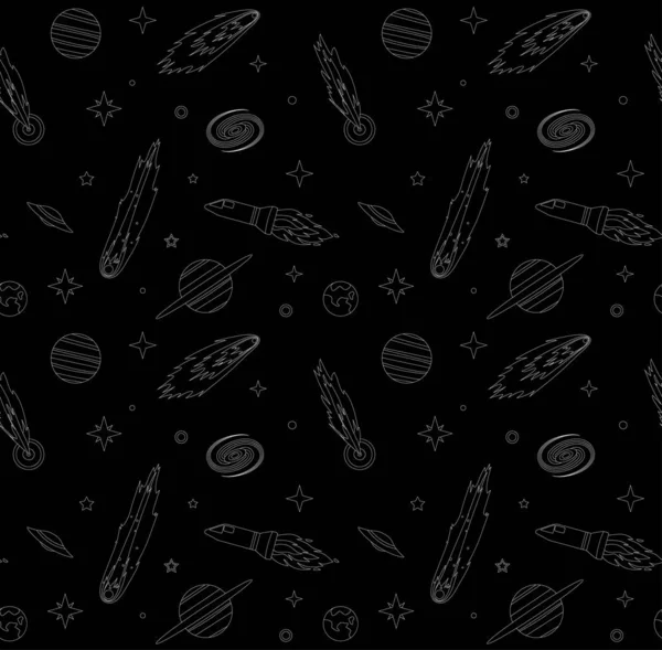Patrón Sin Fisuras Con Cometas Planetas Estrellas Cohetes Ilustración Vectorial — Vector de stock