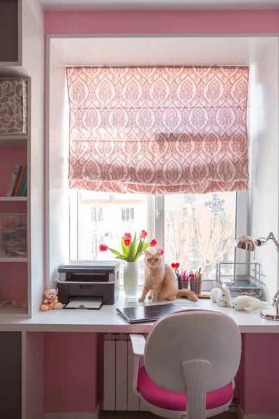 Children room interior for a girl, work space with laptop