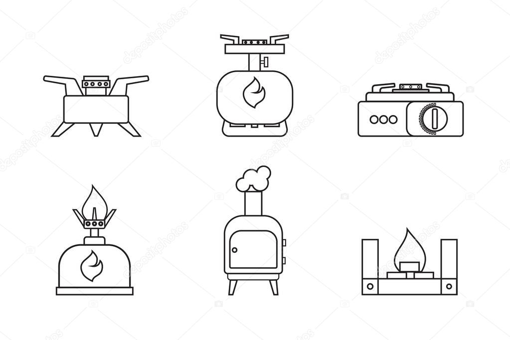 Camping stove icons set