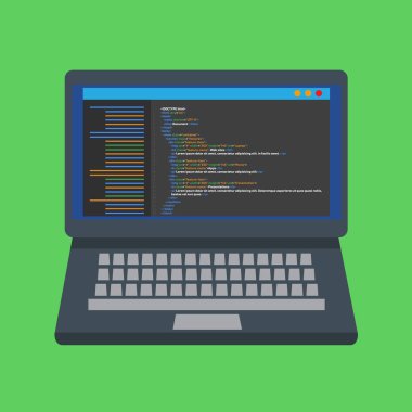 HTML kodu Web sitesi. Kodlama, kavram programlama laptop. Vektör çizim.