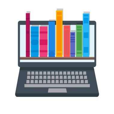 Dijital online kitap mağazaları, Kütüphane, e-gönüllülük kavramı. Düz stil vektör çizim.