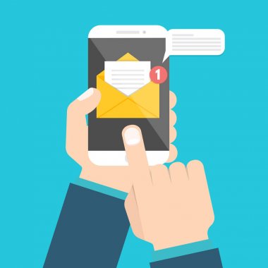 E-posta kavramı almak. El tutma smartphone ile bildirim. Vektör çizim.