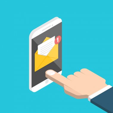 Get email concept. Isometric Hand and smartphone with notification. Vector illustration. clipart