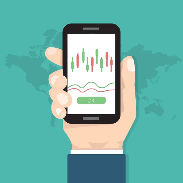 Businessman Hold Smartphone Candlestick Chart App Vector Illustration — Stock Vector