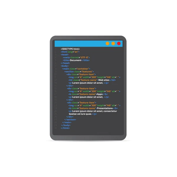 Site Código Html Codificação Tablet Conceito Programação Ilustração Vetorial —  Vetores de Stock