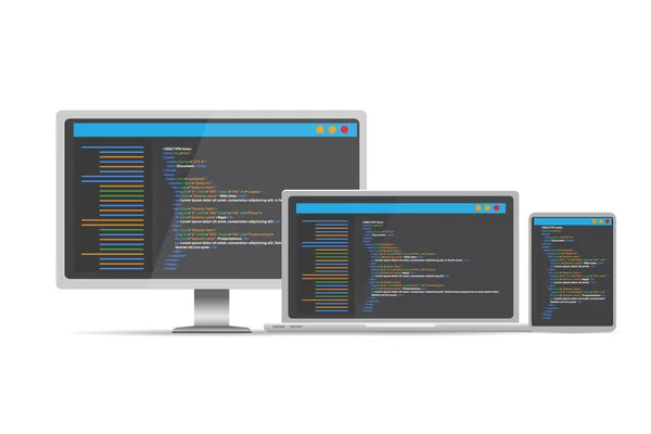 Html Code Website Laptop Desktop Tablet Codering Programmering Concept Vectorillustratie — Stockvector