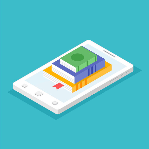 Digital online book store, library, e-reading concept.  Vector illustration in flat style.