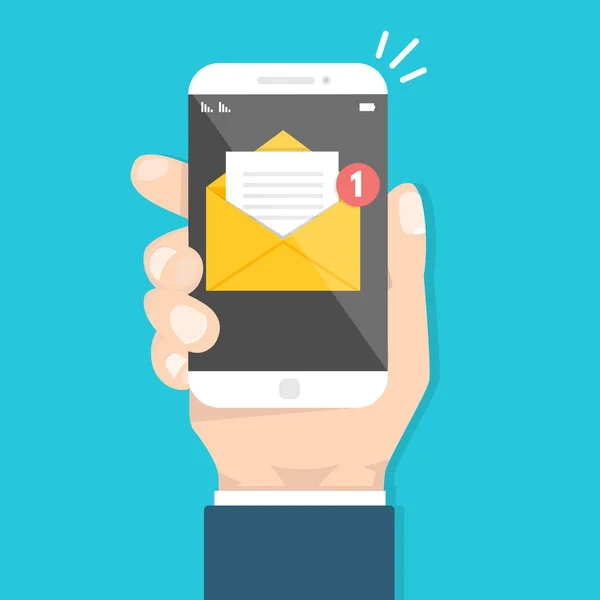 Obtenha Conceito Email Mão Segurando Smartphone Com Notificação Ilustração Vetorial — Vetor de Stock