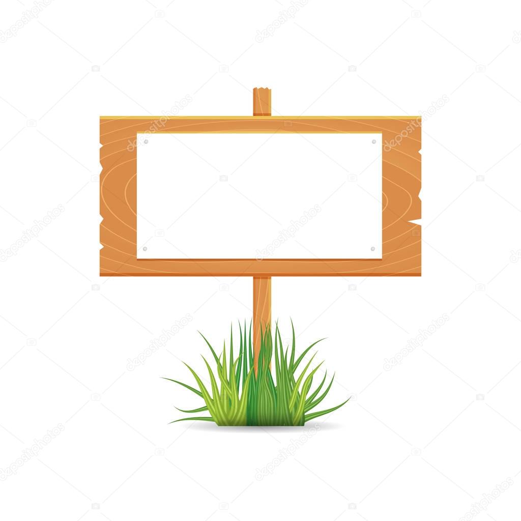 Wooden blank board sign spring time with grass. Vector illustration.