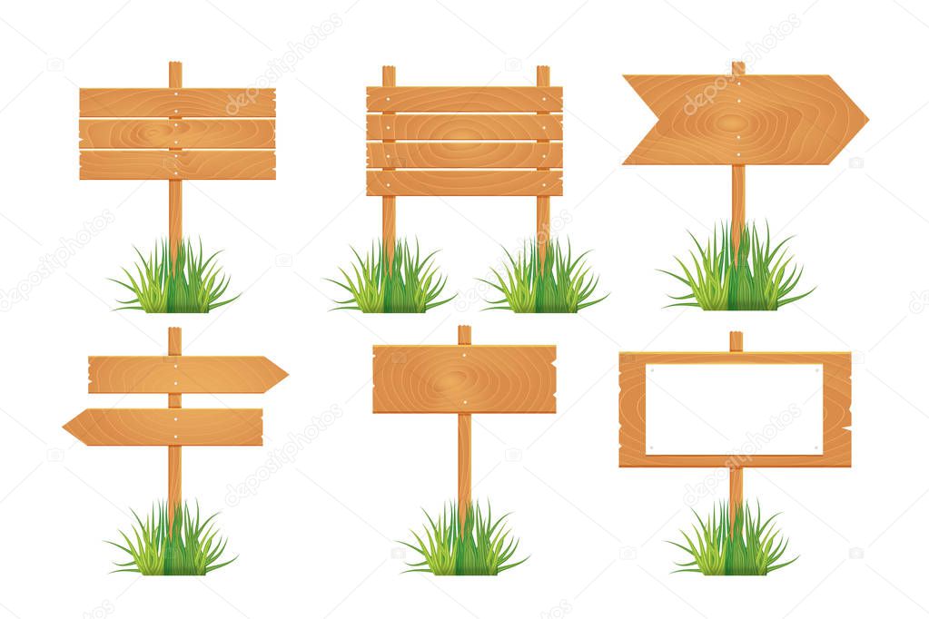 Wooden blank board signs spring time with grass. Vector illustration.
