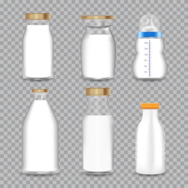 Gerçekçi şeffaf cam şişeler bir süt ile ayarlayın. Vektör çizim.