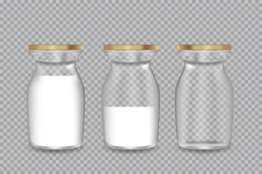 Bir süt ile gerçekçi şeffaf cam şişe. Vektör çizim.