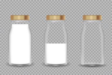 Bir süt ile gerçekçi şeffaf cam şişe. Vektör çizim.