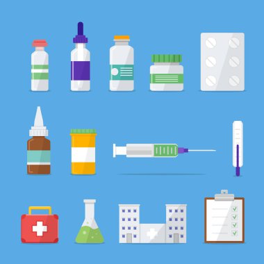 Tıbbi düz simgeler kümesi. İlaçlar, haplar, hastane, şırınga, termometre. Vektör illlustration.