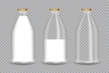 Bir süt ile gerçekçi şeffaf cam şişe. Vektör çizim.