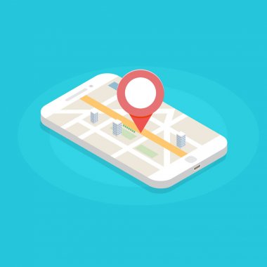   3D izometrik smartphone Gps mobil uygulama ile. Vektör illlustration.