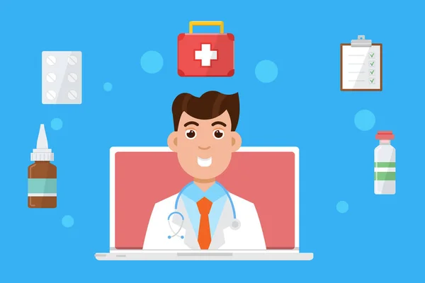 Farmácia Consulta Médica Line Médico Internet Serviço Saúde Ilustração Vetorial — Vetor de Stock