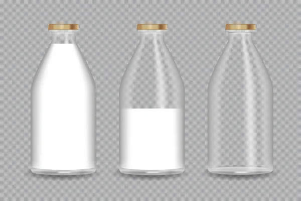 Botella Vidrio Transparente Realista Con Leche Ilustración Vectorial — Vector de stock