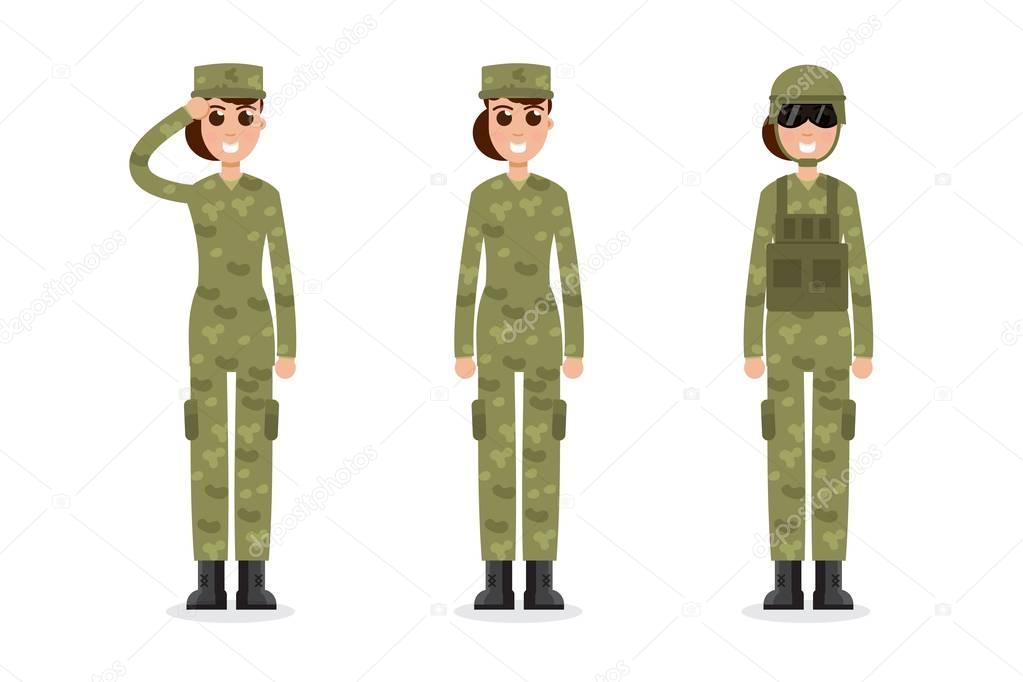 Woman US Army soldiers  in camouflage.  Vector illustration.