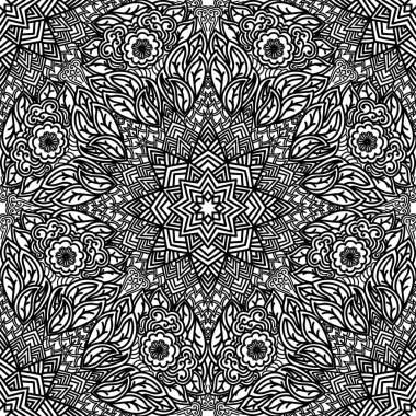 Sorunsuz çiçek desenli dairesel süsler. Mandalalar zentangle tarzı siyah beyaz tek renkli süsleme.