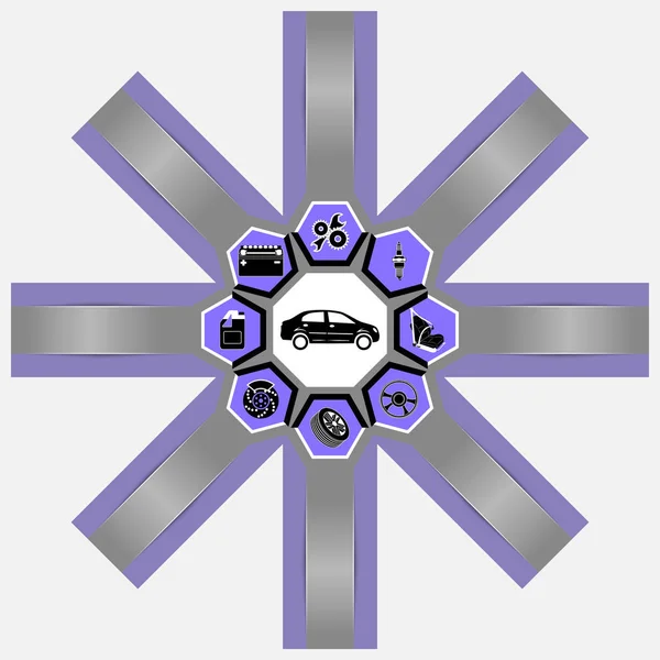 Modèle de circuit d'infographie des icônes de réparation et d'entretien automobile voiture et pièces de rechange avec espace pour le texte isolé sur fond blanc — Image vectorielle