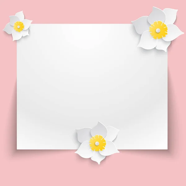 Cartão de papel com papel branco narcisos em um fundo rosa . —  Vetores de Stock