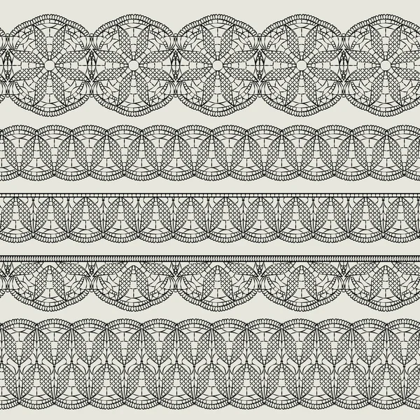 Set van naadloze lace zwart linten geïsoleerd op een witte achtergrond. Imitatie horizontale weven haak. — Stockvector